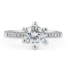 Crown Setting 6 Claw Diamond Engagement Ring Pave Setting Side Stones In 18K White gold 