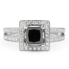 Split Band Halo Black Diamond Engagement Ring Princess Cut in 18K White Gold