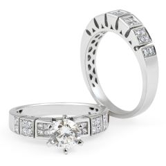 Wedding Set 6 Claw Diamond Engagement Rings Grain and Invisible Setting Side Stones In 18K White gold 