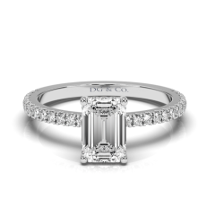 Emerald Cut Hidden Halo Diamond Engagement Ring Four Prong Setting Pave Setting Side Stones  In 18K White Gold 