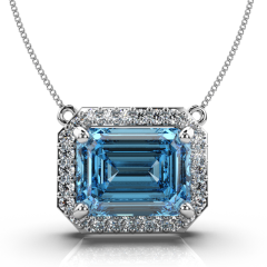Emerald Cut 4 Claw Setting Natural Aquamarine Diamond Necklace In 18K White Gold 