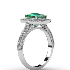 Emerald Halo Diamond Engagement Ring 4 Claw Setting Miligrain Pave Side Stones setting in 18K White Gold
