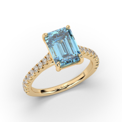 Aquamarine Santa Maria Diamond Engagement Ring 4 Claw Setting in 18K Yellow Gold Diamond Pave Setting Side Stone