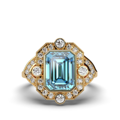 Vintage Style 4 Carat Bezel Set Emerald Cut Aquamarine Diamond Ring In 18K Yellow Gold