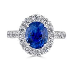 Sapphire Halo Diamond Engagement Ring 4 Claw Setting Centre Stone Pave Setting Side Stone Set In 18K White Gold 