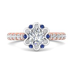 Halo Sapphire and Diamond Engagement Ring Round Cut Pave Setting Side Stones-18K Rose