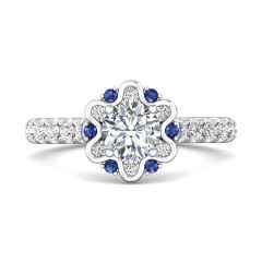 Halo Sapphire and Diamond Engagement Ring Round Cut Pave Setting Side Stones-Platinum