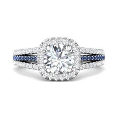 Diamond Sapphire Halo Engagement Ring Triple Band Pave Setting 