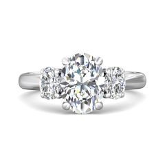 Oval Cut Trilogy 3 Stones Diamond Ring with Oval Cut Side Stones Claw Setting -18K White