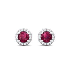 Ruby Halo Diamond Earring Pave Setting Butterfly Backs In 18K White Gold 