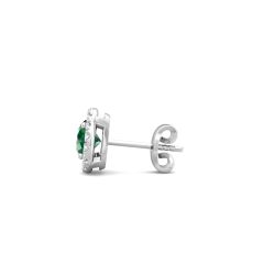 Emerald Diamond Halo Earring Round Cut 4 Claw Setting In 18K White Gold 
