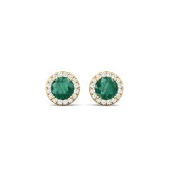 Emerald Stud Halo Diamond Earring Pave Setting In 18K Yellow Gold 