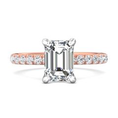 Emerald Cut Classic Hidden Halo Ladies Diamond Engagement Ring Four Prong Setting Centre Stone Pave Setting Side Stone In 18k Rose And White Gold 