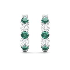 18K White Gold Alternating Emerald Diamond Hoop Earrings Share Claw Setting