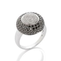 Black and White Diamond Cocktail Ring in 14 Karat White Gold Pave Setting Side Stones 