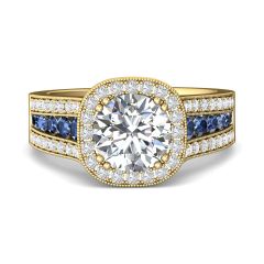Round Cut Double Claw setting Halo Diamond Engagement Ring -18K Yellow