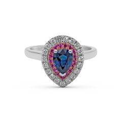 Double Halo Blue and Pink Sapphire Diamond Engagement Ring In 18 Karat White and Rose Gold