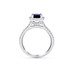 Halo Cushion Cut Blue Sapphire Diamond Engagement Ring In 18 Karat White Gold