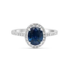 Natural Dark Blue Sapphire Diamond Ring Set In 18K White Gold