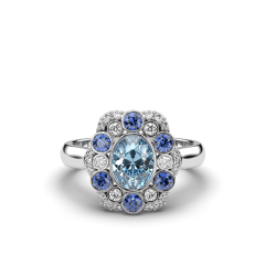 Aquamarine Sapphire Diamond Ring Bezel Set in 18K White Gold 