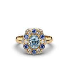 Cocktail Ring Aquamarine And Sapphire Diamond Ring Bezel Set In a 18K Yellow Gold With A plain Band 