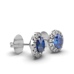 Natural Blue Sapphire Halo Diamond Earring Pave Setting in 18K White Gold 