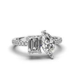 Toi Et Moi Emerald Marquise Prong Setting Diamond Engagement Ring Pave Setting Side Stones in 18K White Gold