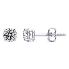 GIA Diamond Stud Solitaire Earring 4 Claw Setting Screw Backing In 18K White Gold 