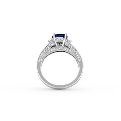 Vintage Trilogy (3 Stones) Natural Blue Sapphire Diamond Ring Milgrain Setting Side Stones In 18K White Gold