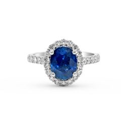 Halo Blue Sapphire Oval Cut Diamond Engagement Ring In 18 Karat White Gold
