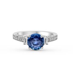Vintage Trilogy (3 Stones) Natural Blue Sapphire Diamond Ring Milgrain Setting Side Stones In 18K White Gold
