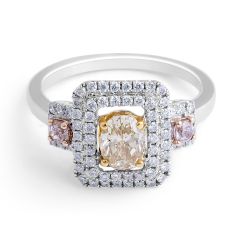 Pink and Yellow Diamond Double Halo Ring in 18 Karat White Gold Diamond rings