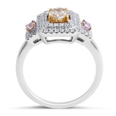 Pink and Yellow Diamond Double Halo Ring in 18 Karat White Gold