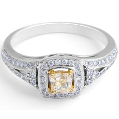 Fancy Yellow Cushion Diamond Halo Ring in 18 Karat Gemstone rings