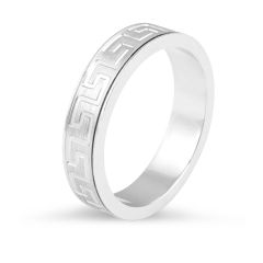 Modern brushed wedding band with Greek ornament pattern