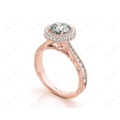 Vintage Style Double Halo Round Cut Diamond Engagement Ring With Claw Set Centre Stone in 18K Rose