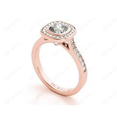 Cushion Cut Halo Ring with Bezel set centre stone with Side Stones in 18K Rose