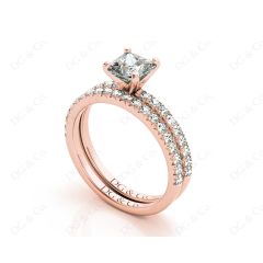 Princess cut diamond wedding set rings four claws setting With Pave Setting Side Stones in 18K Rose