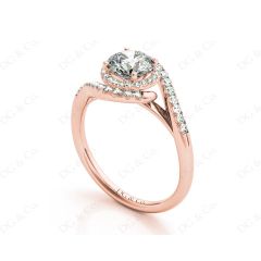 Round Cut Halo Diamond Cross Over Engagement ring with claw set centre stone in 18K Rose