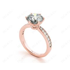 Round Cut Six Claw Set Diamond Ring with Pave Set Side Stones in 18K Rose