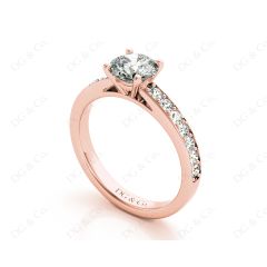 Round Cut Four Claws Set Diamond Ring with Channel Set Side Stones in 18K Rose