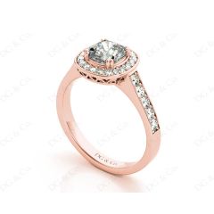 Cushion Cut diamond halo engagement ring with channel setting side diamonds in 18K Rose