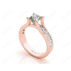 Princess Cut Diamond Engagement ring with four claws Channel Setting Side Stones in 18K Rose