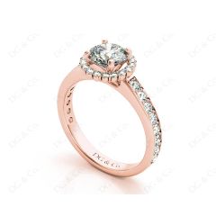 Round Cut Halo Diamond Engagement ring with claw set centre stone in 18K Rose