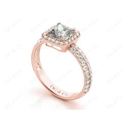 Princess Cut Halo Ring with Milgrain Claw Set Centre Stone in 18K Rose