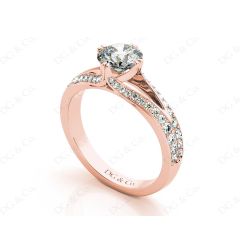 Round Cut Four Claw Set Diamond Ring with Round Cut Diamonds Down the Shoulders in 18K Rose