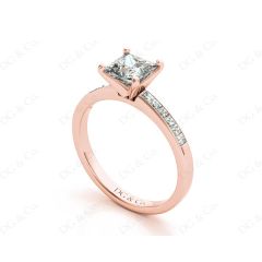 Princess Cut Diamond Engagement ring with four claws centre stone in 18K Rose