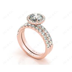 Round Cut Halo Diamond Wedding Rings Set with Four Claws Centre Stone Setting in 18K Rose