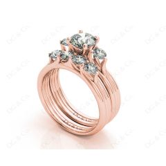 Round Cut Diamond three stones wedding set rings with claw set side stone in 18K Rose