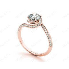 Round Cut Twist band claw set diamond with grain set side stone in 18K Rose